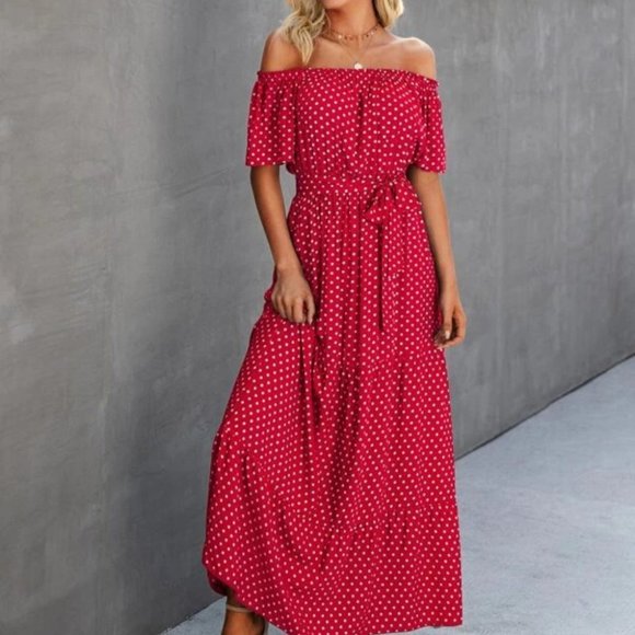 Boho polka-dot shoulder ruffle maxi dress red - Picture 2 of 6